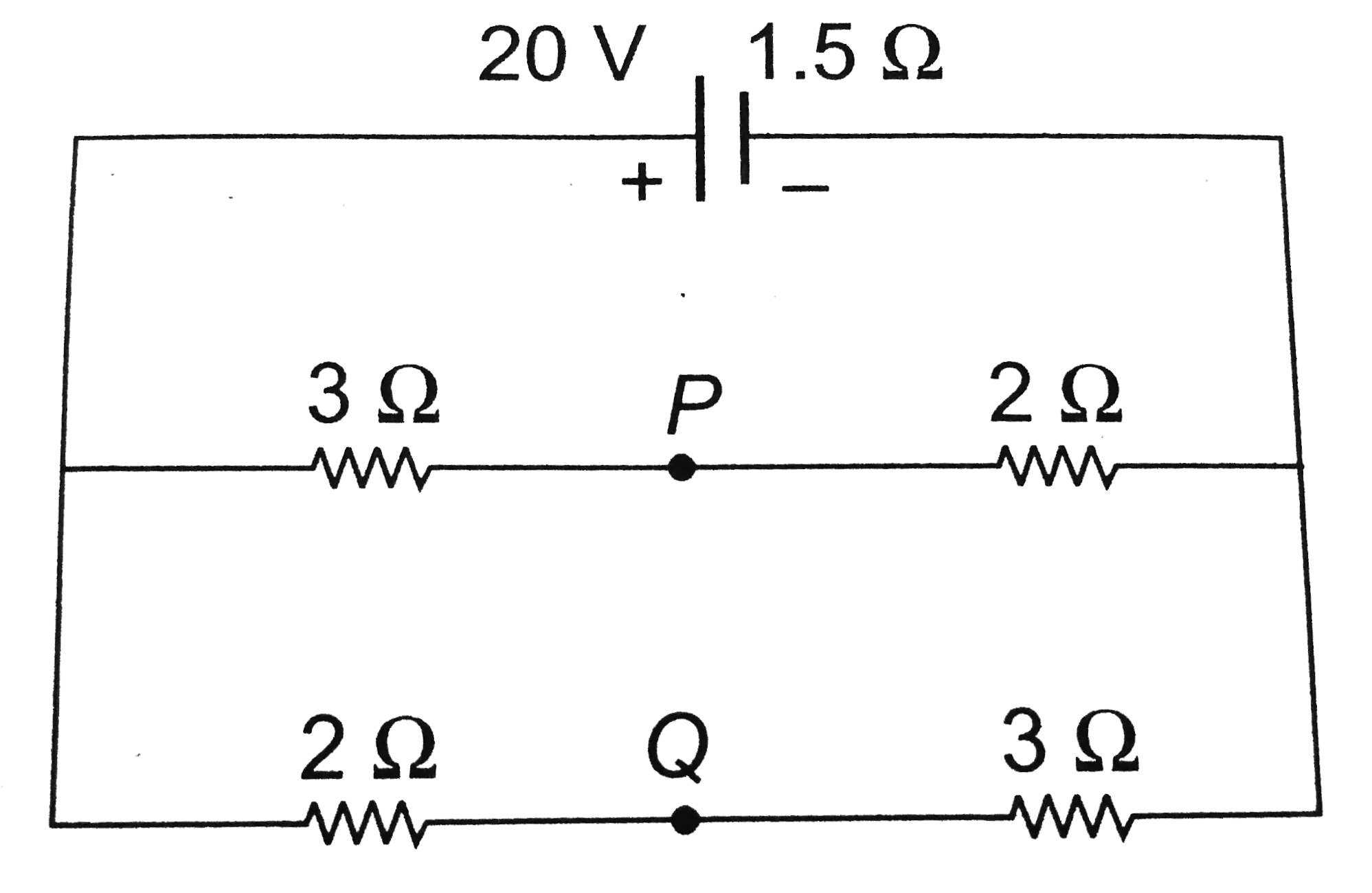 If in the circuit shown below, the internal resistance of the battery is 1.5 Omega and V(P) and V(Q) are the potential at P and Q respectively, what is the potential difference between the point P and Q?