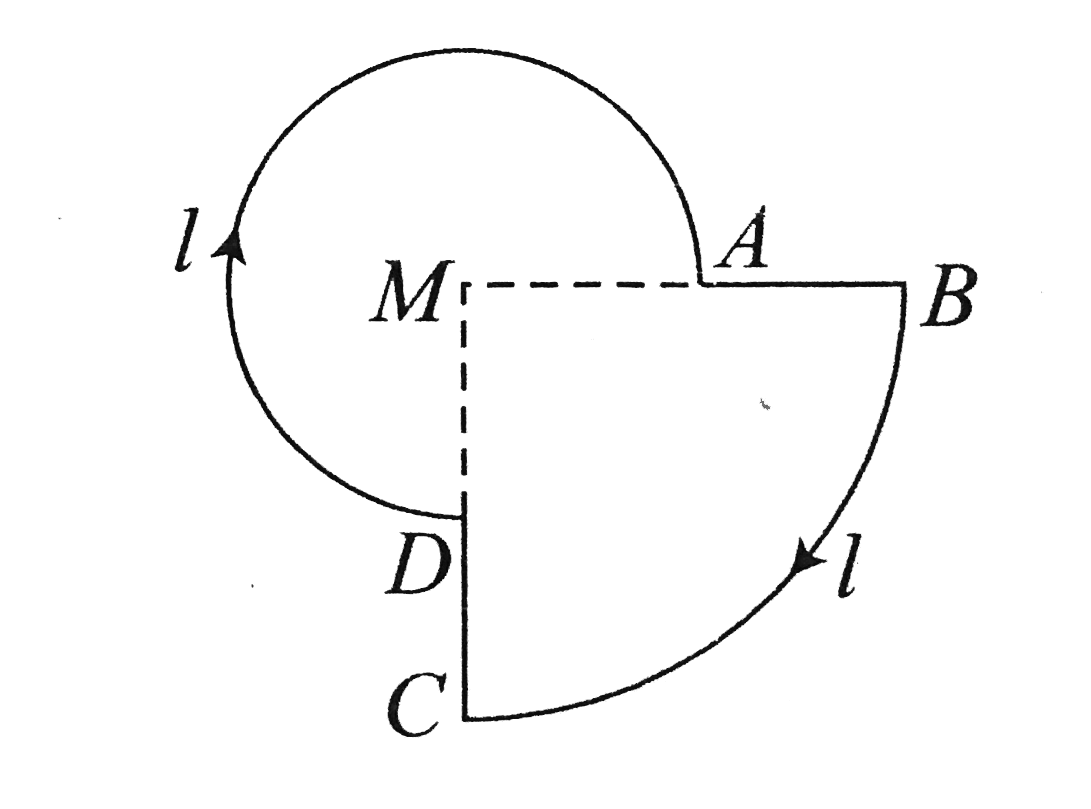 A current I is flowing thorugh the loop. The direction of the current and the shape of the loop are as the shown in the figure. The magnetic  fild at the centre  of the loop is (mu(0) I)/(R) times   (MA = R, MB = 2R, /DMA = 90^(@))