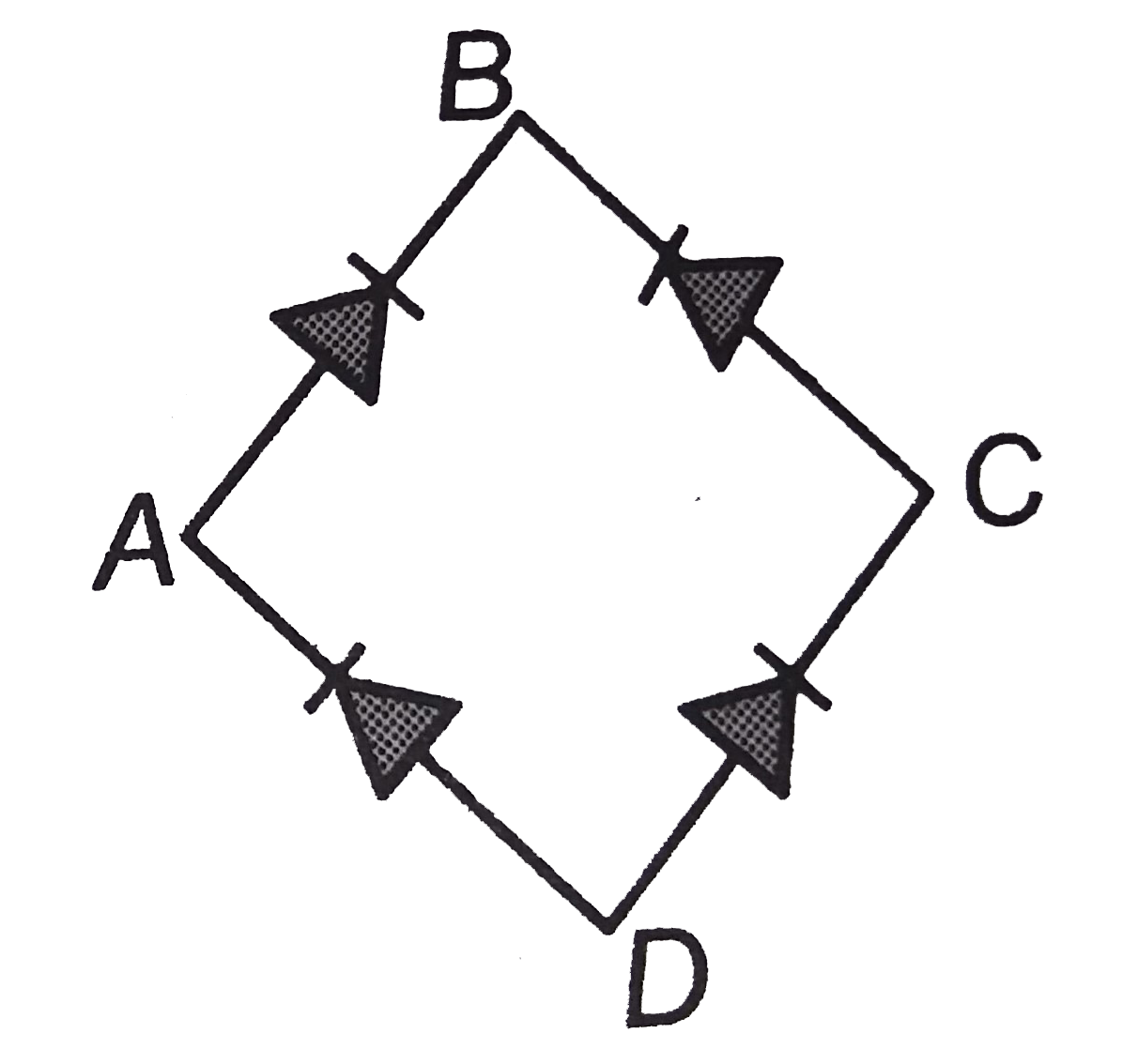 In the diagram, the input is across the terminals A and C and the output is across the terminals B and D, then the outputs is