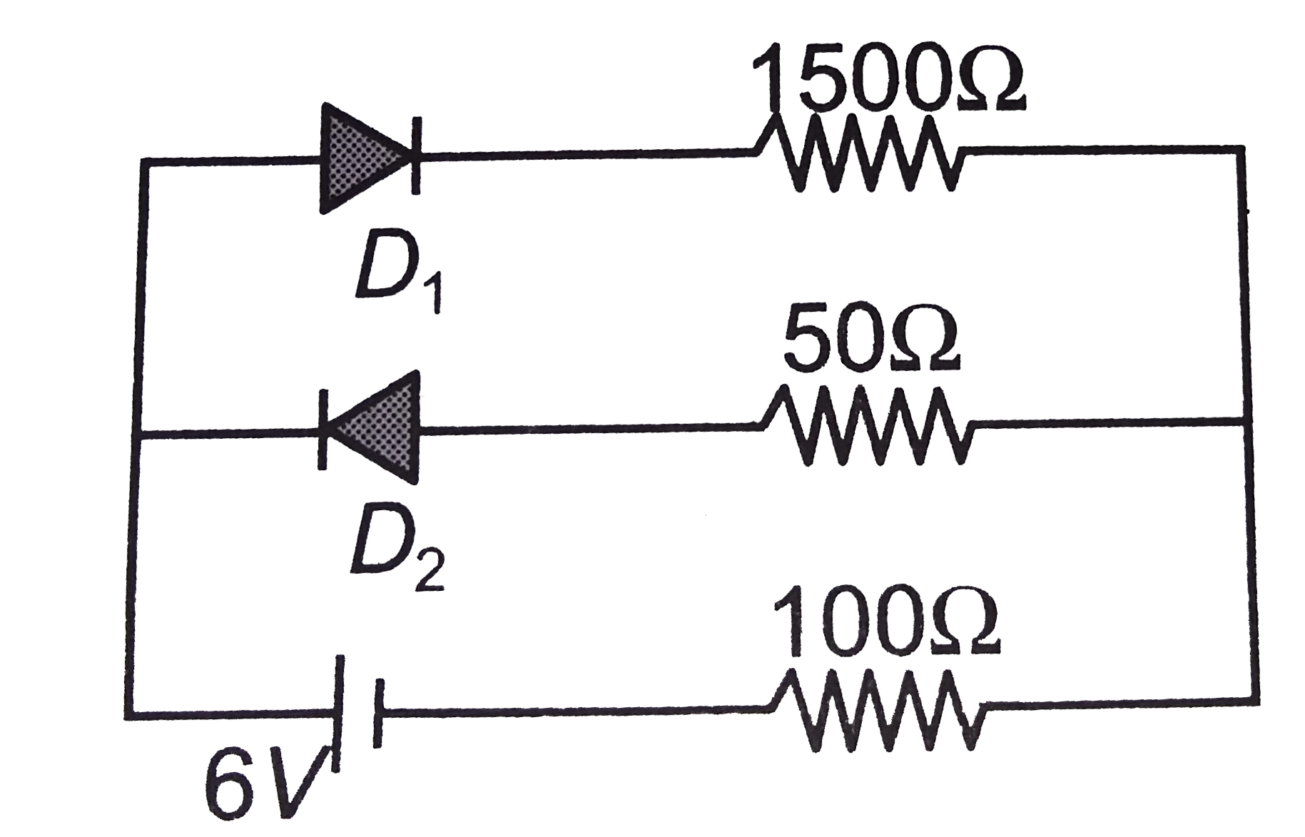 The circuit shown in following figure contanis two diode D(1) and D(2) each with a forward resistance of 50 ohm and with infinite backward resistance. If the battery voltage is 6V, the current through the 100 ohm resistance (in amperes) is