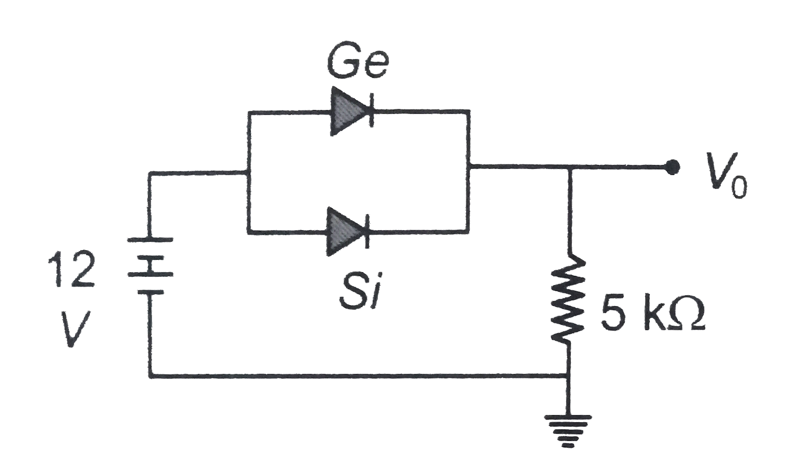 Ge and Si diodes conduct at 0.3 V and 0.7 V respectively. In the following figure if Ge diode connection are reversed, the value of V(0) changes by