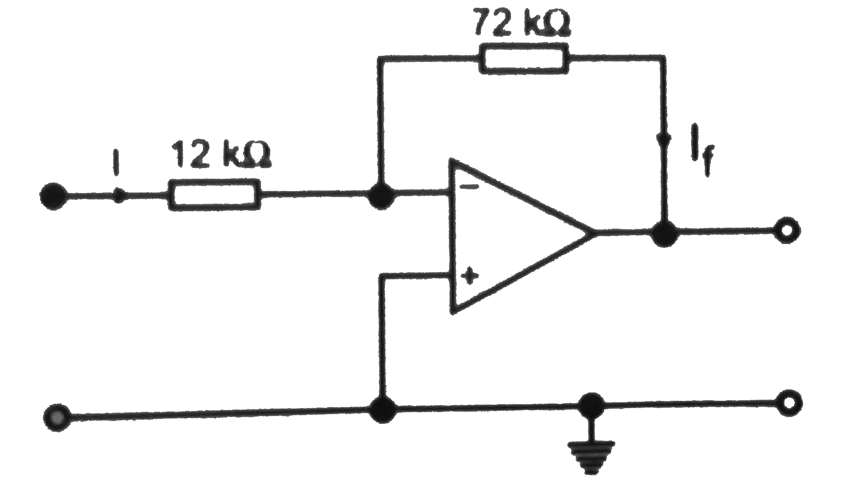 In the circuit shown in the diagram, the operational amplifier may be assumed to be ideal. The current in the 12 kOmega resistor is I.      What is the current I(f) in the 72 k Omega resistor?