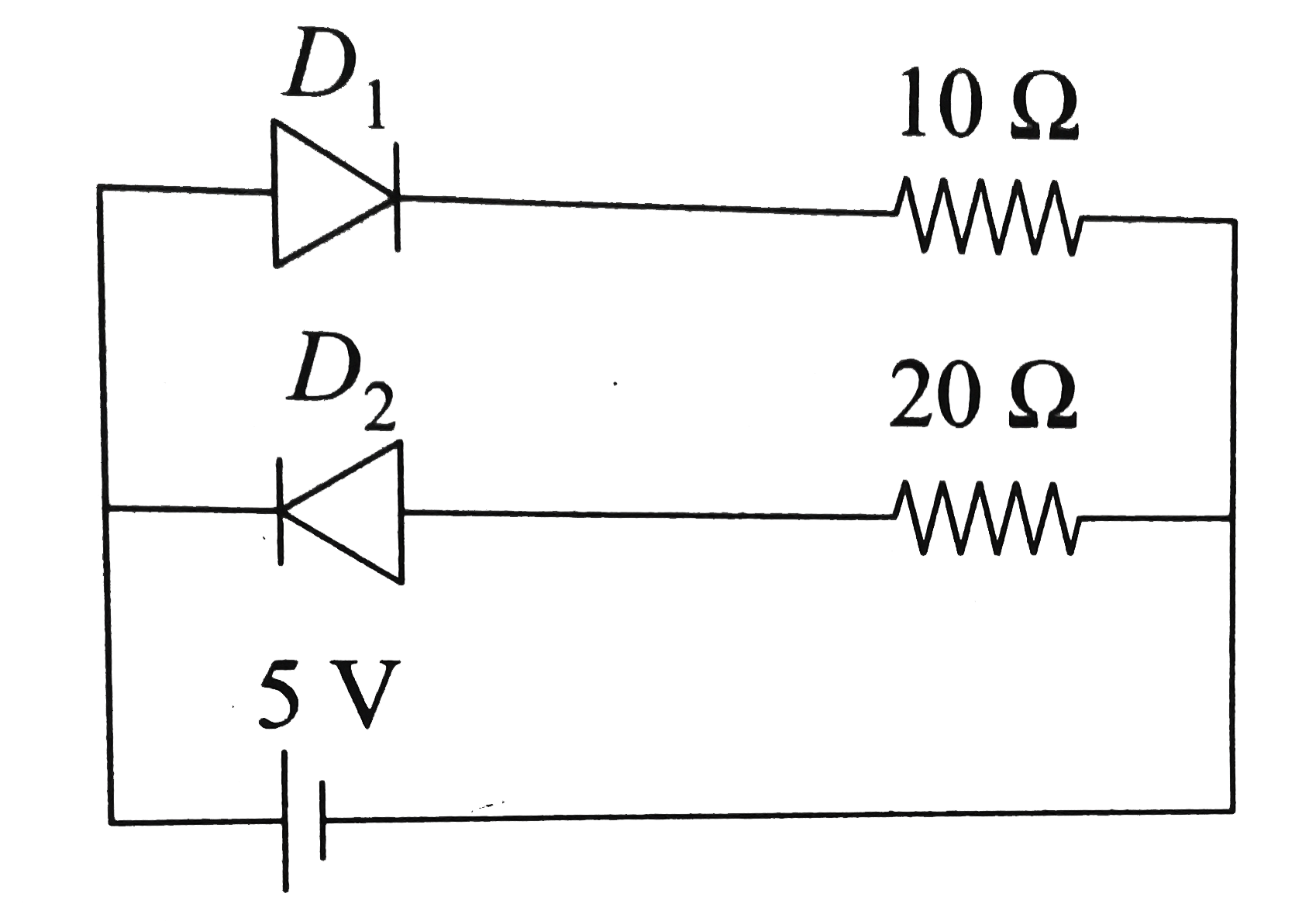Two ideal diodes are connected to a battery as shown in the circuit. The current supplied by the battery is