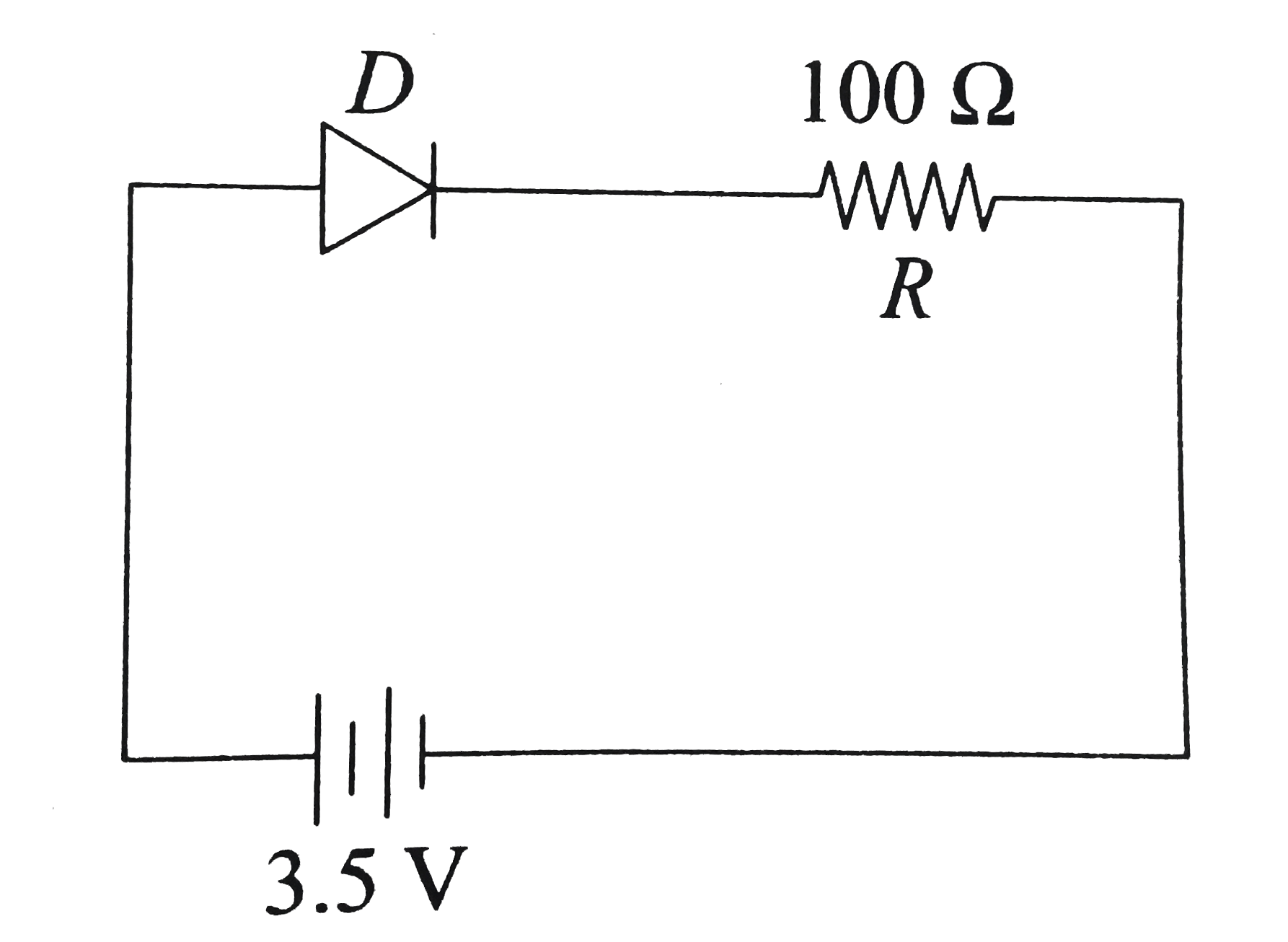 In the given figure, a diode D is connected to an external resistance R=100 Omega and an emf of 3.5 V. If the barrier potential developed across the diode is 0.5 V, the current in the circuit will be :