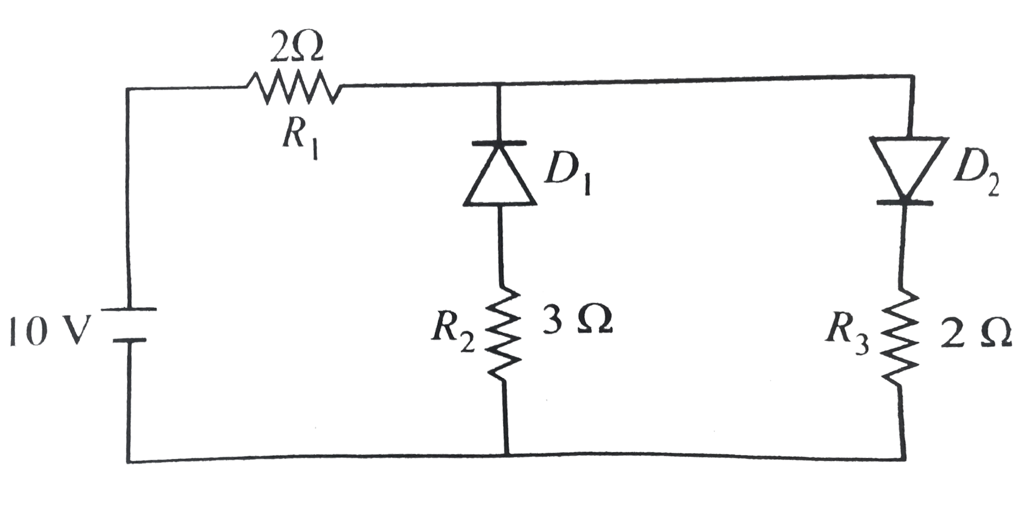 The given circuit has two ideal diodes connected as show in the figure. The current flowing through the resistance R(1) will be