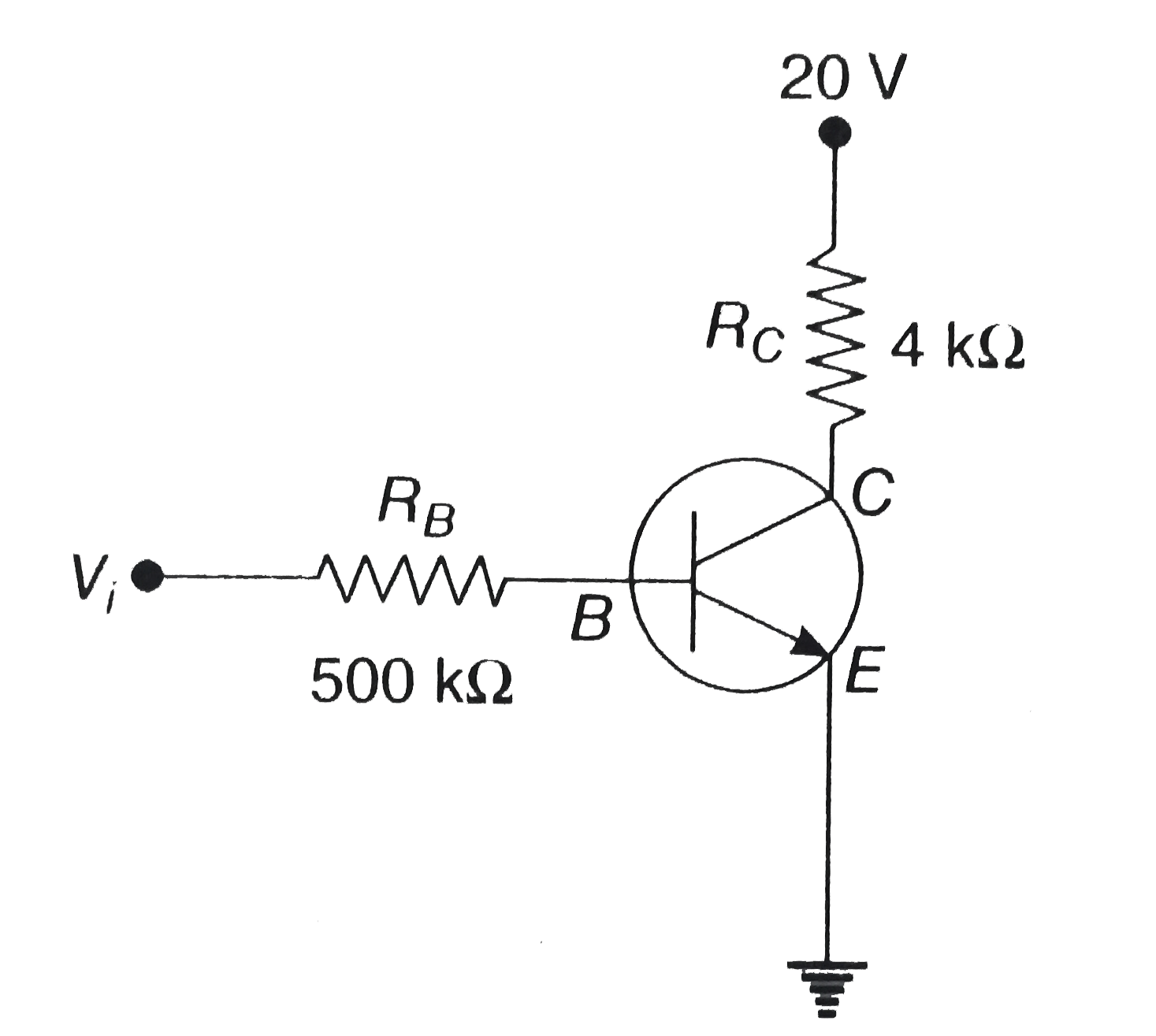 In the circuit shown in the figure, the input voltage V(i) is 20V,V(BE)=0 and V(CE)=0. The values of I(B),I(C) and beta are given by: