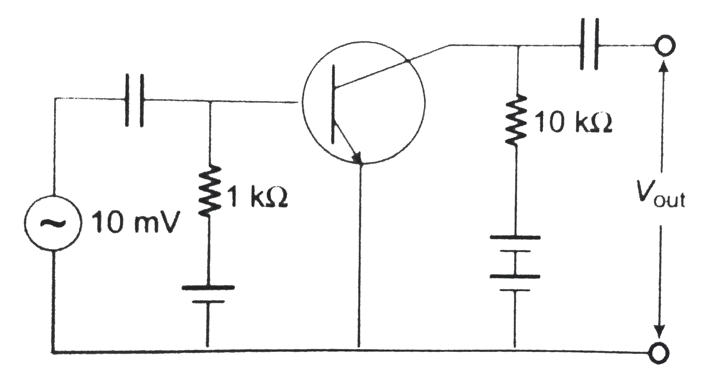 In the following common emitter configuration an NPN transistor with current gain beta=100 is used. The output voltage of the amlifier will be