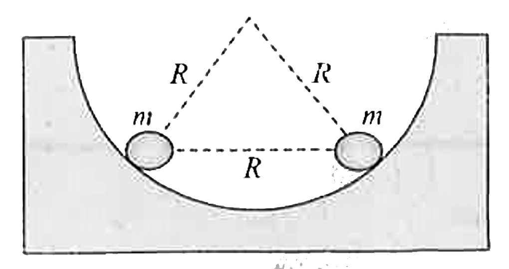 Two identical small balls each have a mass m and charge q. When placed in a hemispherical bowl of radius R with frictionless, nonconductive walls, the bead move, and at equilibrium the line joining the balls is horizontal and the distance between them is R (see figure). Neglect any induced charge on the hemispherical bowl. Then the charge on each bead is : (here K=(1)/(4piepsilon(0)))