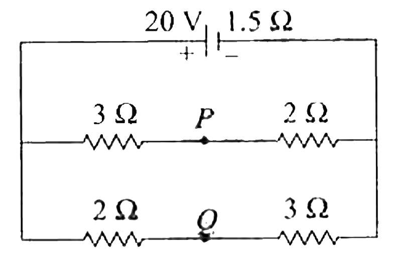 If in the circuit shown below, the internal resistnace of the battery is 1.5Omega and V(P) and V(Q) are the potentials at P and Q respectively, What is the potential difference between the points P and Q