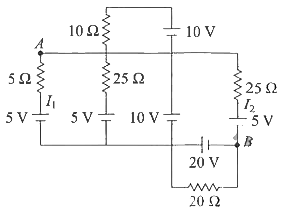 The circuit consists of resistors and ideal cells. I(1) and I(2) are current through branches indicated in the figure, V(A) and V(B) is the potential at points A and B on the circuit      The value of I(2)/I(1) is: