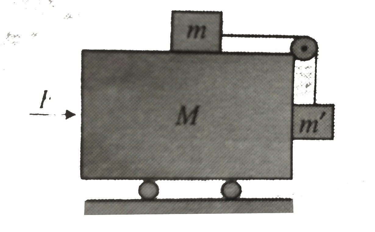 Two smooth blocks of masses m and m' connected by a light inextensible strings are moving on a smooth wedge of mass M. If a force F acts on the wedge the blocks do not slide relative to the wedge. Find the (a) acceleration of the wedge and (b) value of F.