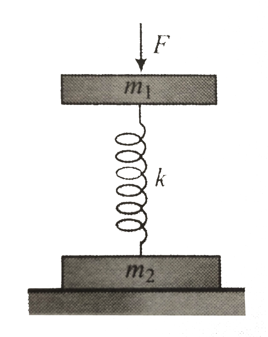 Two disks of masses m(1) and m(2) are connected by a spring of force canstant k. The lower disk of mass m(2)lies on a table and the upper disk is vertically above it. What vertical force F should be applied to the upper disk so that when the force is withdraw, the lower disk is lifted off the table?