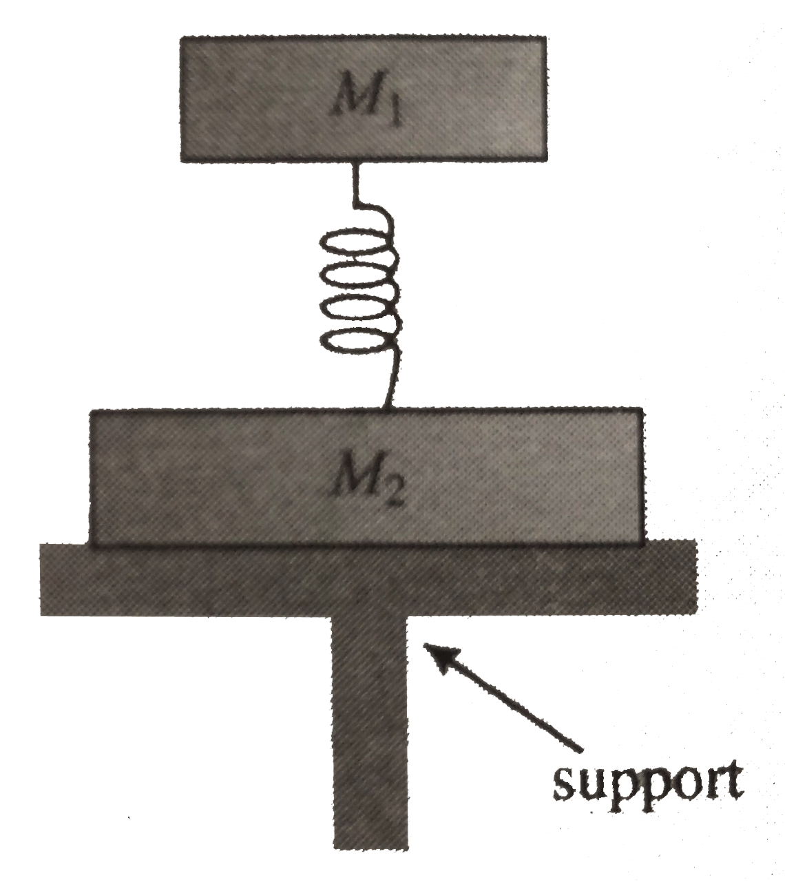 The system of two weights with masses M(1) and M(2) are connected with weightless spring as shown in fig. The system is resting on the support S. Find the acceleration of each of the weights just after the support S is quickly removed.