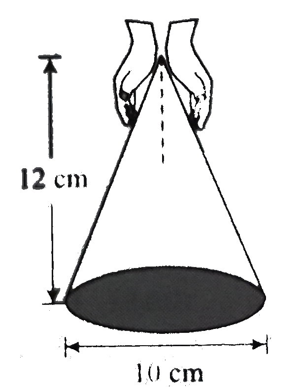 With two hands you hold a cone motionless upside doen , as shown in figure The mass of the cone is (m = 1 kg) and the coefficient of static friction between you fingers and the cone is (mu = 0.5) what is the minimum normal force you must applywith each hand in order to hold up the cone? Consider only translational equilibruim