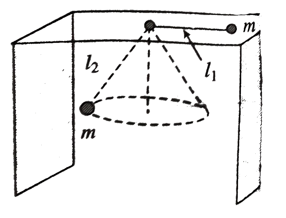 Two identical particles are attached at the end of a light string which passes through a hole at the center of a table One of the partical is made to move in a circle on a table with angular velocity omega(1) and the ther is made a move is a horizontal omega(2) if l(1)and l(2) are the length the table , than in order that particle under down the table neither moves down nor  move up the ratio l(1)//l(2) is