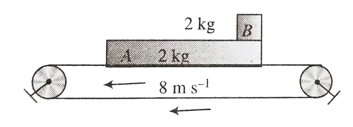 A long conveyer belt moves with a constant velocity of 8 ms^(-1).Two blockA and B each of mass 2kg are placed gently on the belt with B on A, initail velocity of block is zero Coefficient of friction between A and belt is 0.1 There is no friction between A and B length of A is 4m     Find the time when A falls off A initially ,B is no the right and of A lgnore the dimensions of B