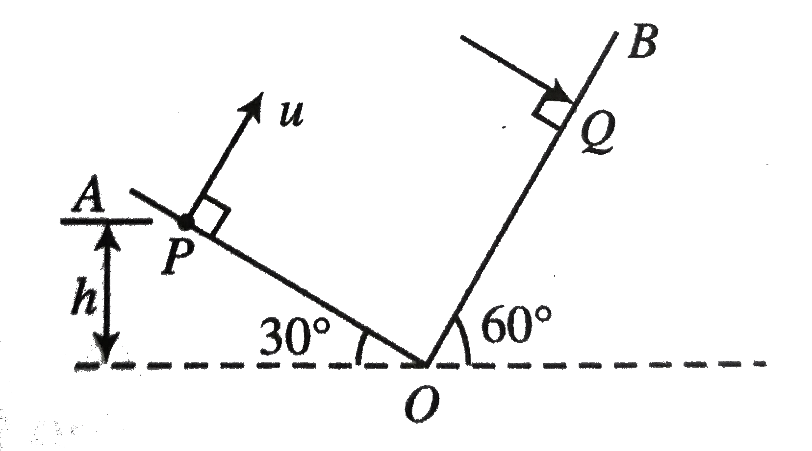 Two inclined planes OA and OB having inclination (with horizontal) 30^(@) and 60^(@), respectively, intersect each other at O as shown in figure. A particle is projected from point P with velocity u = 10(sqrt3) ms^(-1) along a direction perpendicular to plane OA. If the particle strikes plane OB perpendicularly at Q, calculate      The velocity with which particle strikes the plane OB,