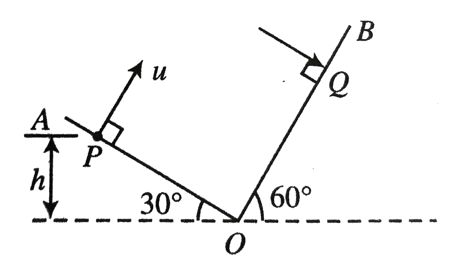 Two inclined planes OA and OB having inclination (with horizontal) 30^(@) and 60^(@), respectively, intersect each other at O as shown in figure. A particle is projected from point P with velocity u = 10sqrt3 ms^(-1) along a direction perpendicular to plane OA. If the particle strikes plane OB perpendicularly at Q, calculate      The vertical height h of P from O,