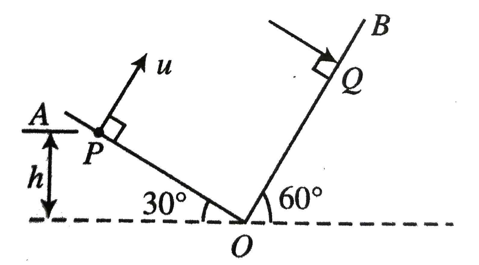 Two inclined planes OA and OB having inclination (with horizontal) 30^(@) and 60^@(with horizontal), respectively, intersect each other at O as shown in figure. A particle is projected from point P with velocity u = 10sqrt3 ms^(-1) along a direction perpendicular to plane OA. If the particle strikes plane OB perpendicularly at Q, calculate      The maximum height attained by the particle (from the line O)