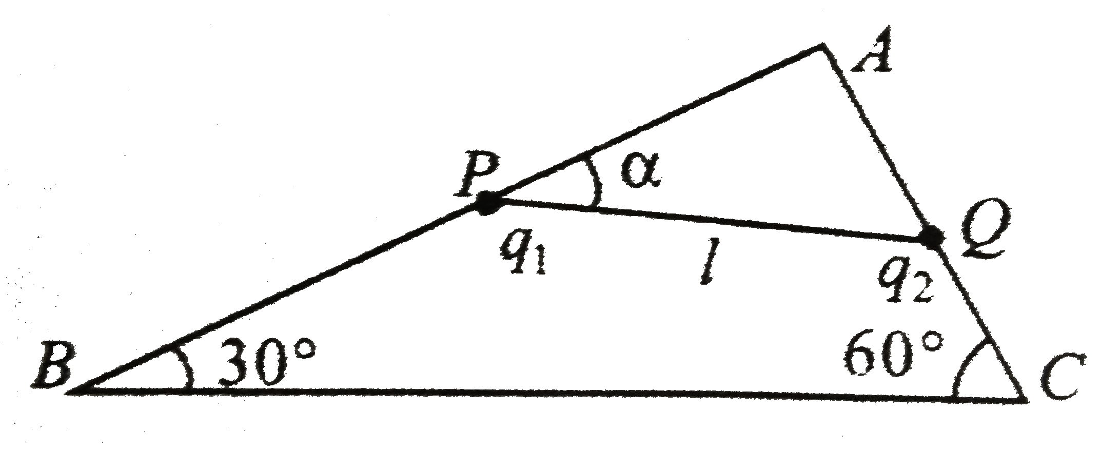 A rigid insulated wire frame in the form of a right-angled triangle ABC is set in a vertical plane as shown in fig. two beads of equal masses m each and carrying charges q(1) and q(2) are connected by a cord of length l and can slide without friction on the wires.   Cinsidering the case when the beads are stationary, determine   (i) the angel alpha   (ii) the tension in the cord, and   (iii) The normal recation on teh beads.   If the cord is now cut, what are the value of the charges for which the beads continue to remain stationary?