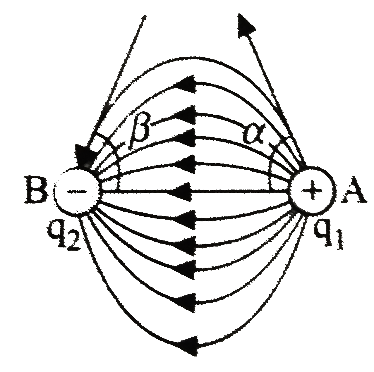 Two charges+q(1) and -q(2) are placed at A and B respectively. A line of force emanates from q(1) at an angle alpha with the line AB. At what angle will it terminate at -q(2) ?