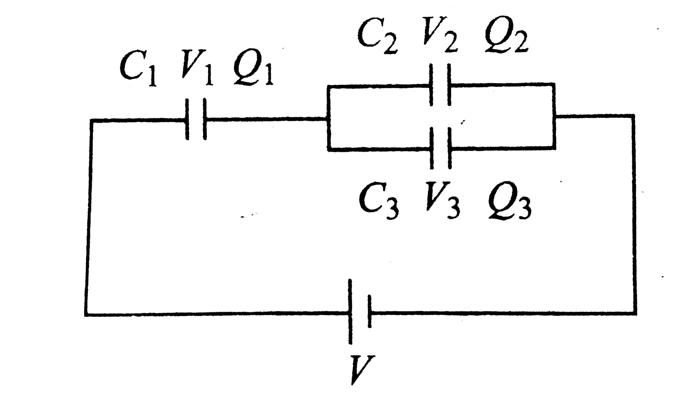 In three capacitors C(1),C(2), and C(3), are joined to a battery, With symbols having their usual meaning, the correct conditions will be   .