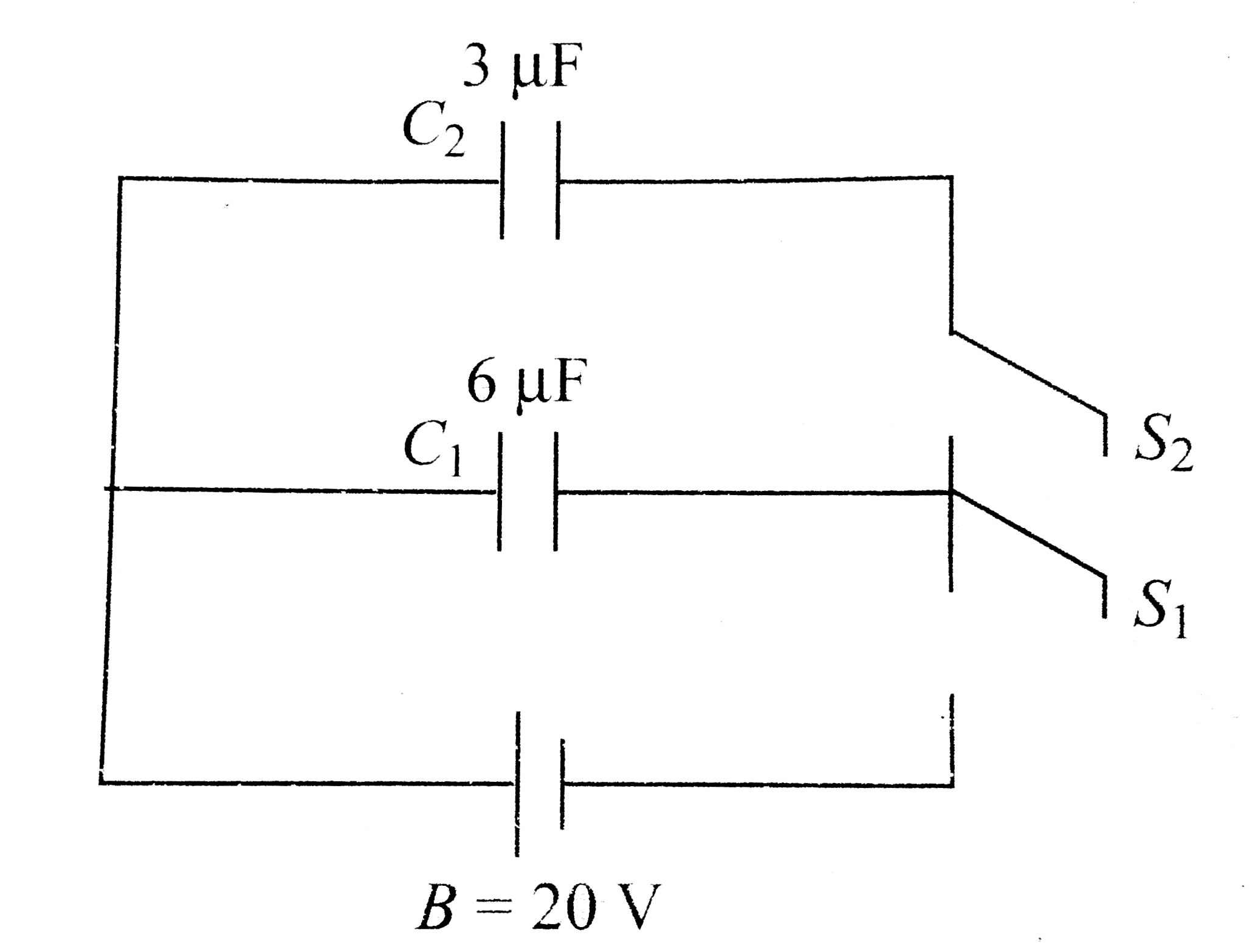 In the circuit shown in, C(1)=6 muF, C(2)=3 muF, and battery B=20 V. The switch S(1) is first closed. It is then opened, and S (2) is closed. What is the final charge on C(2)   .