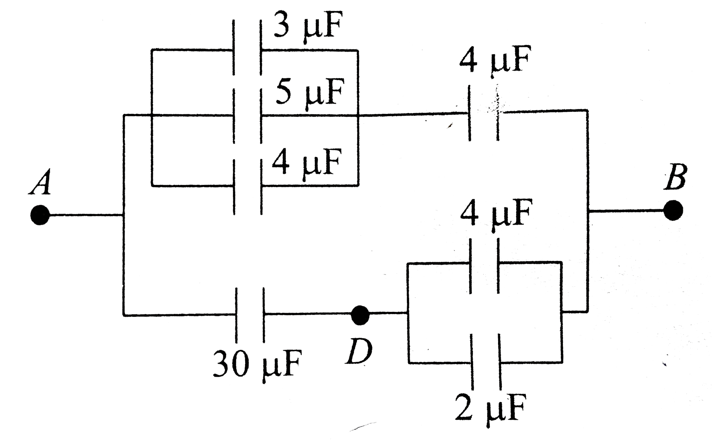 Several capacitors are connected as shown in. If the charge on the 5 muF capacitor is 120 muC, the potential between points A and D is   .