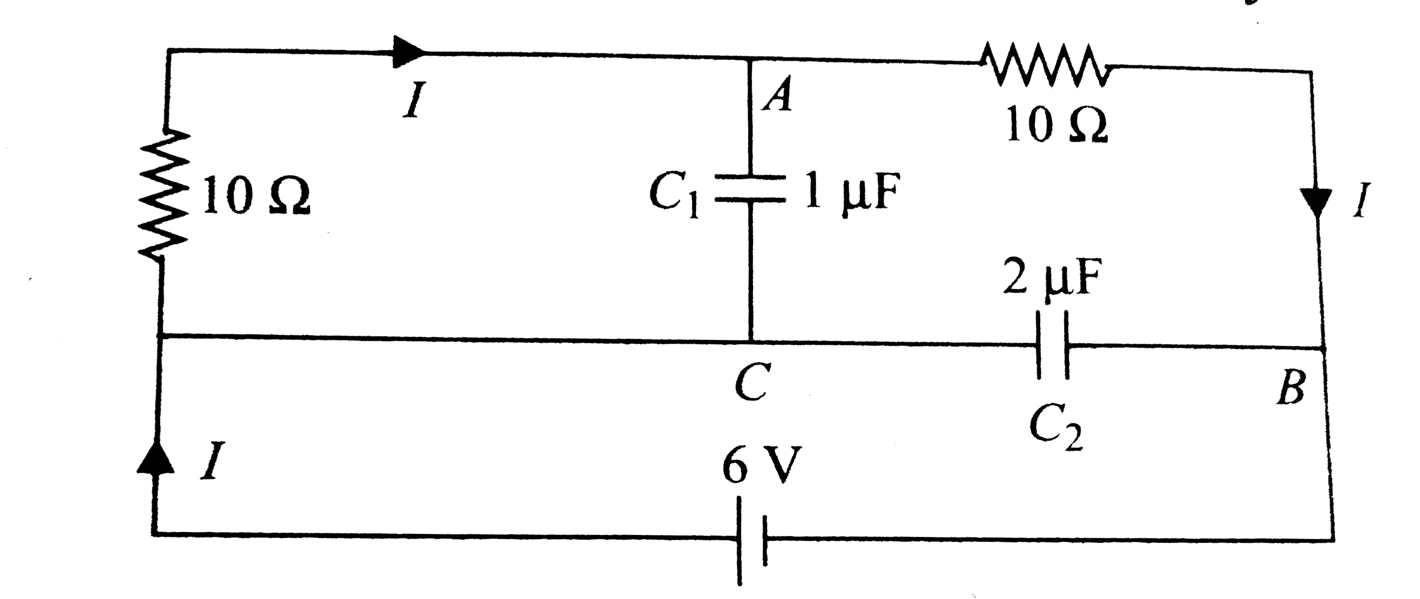 The circuit shown in fig 5.223 is in steady state.   find the charges on the capacitors C1 and C2 respectively.