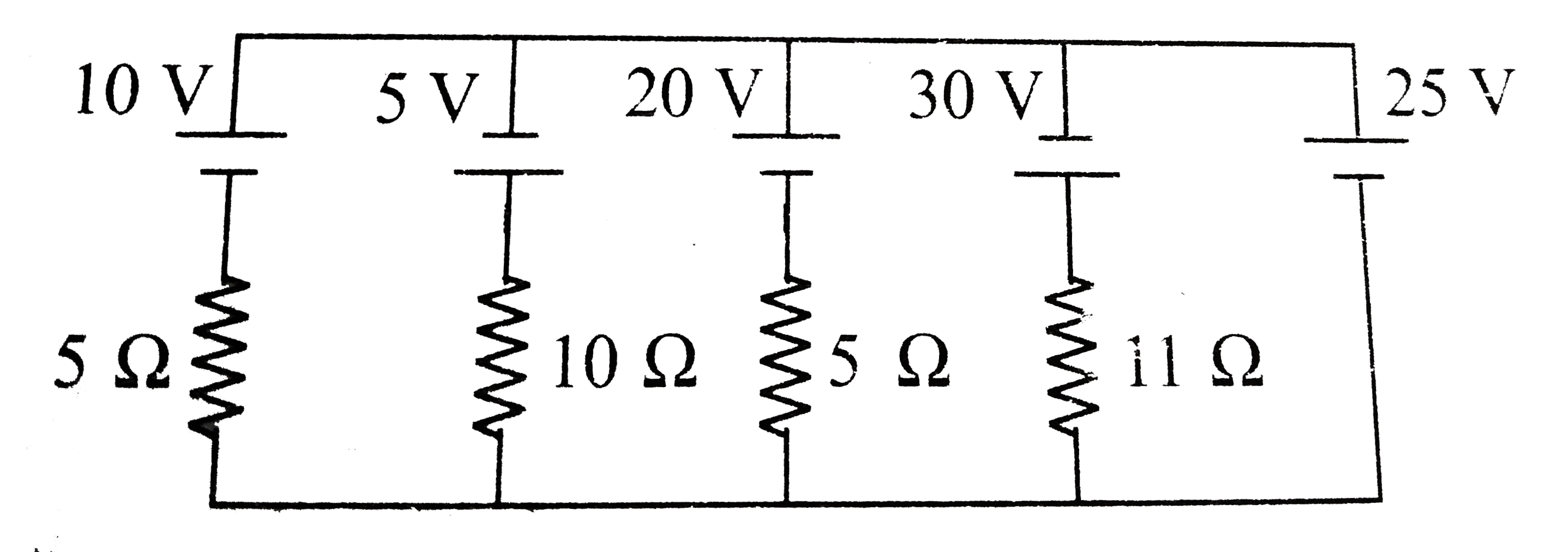 In the circuit shown, current through 25V cell is