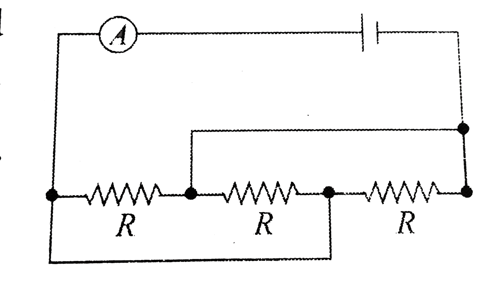 Figure represents a load consisting of three identical resistances connected to an electric enrgy source of emf 12 V and internal resistance 0.6Omega. The ammeter reads 2A. The magnitude of each resistance is