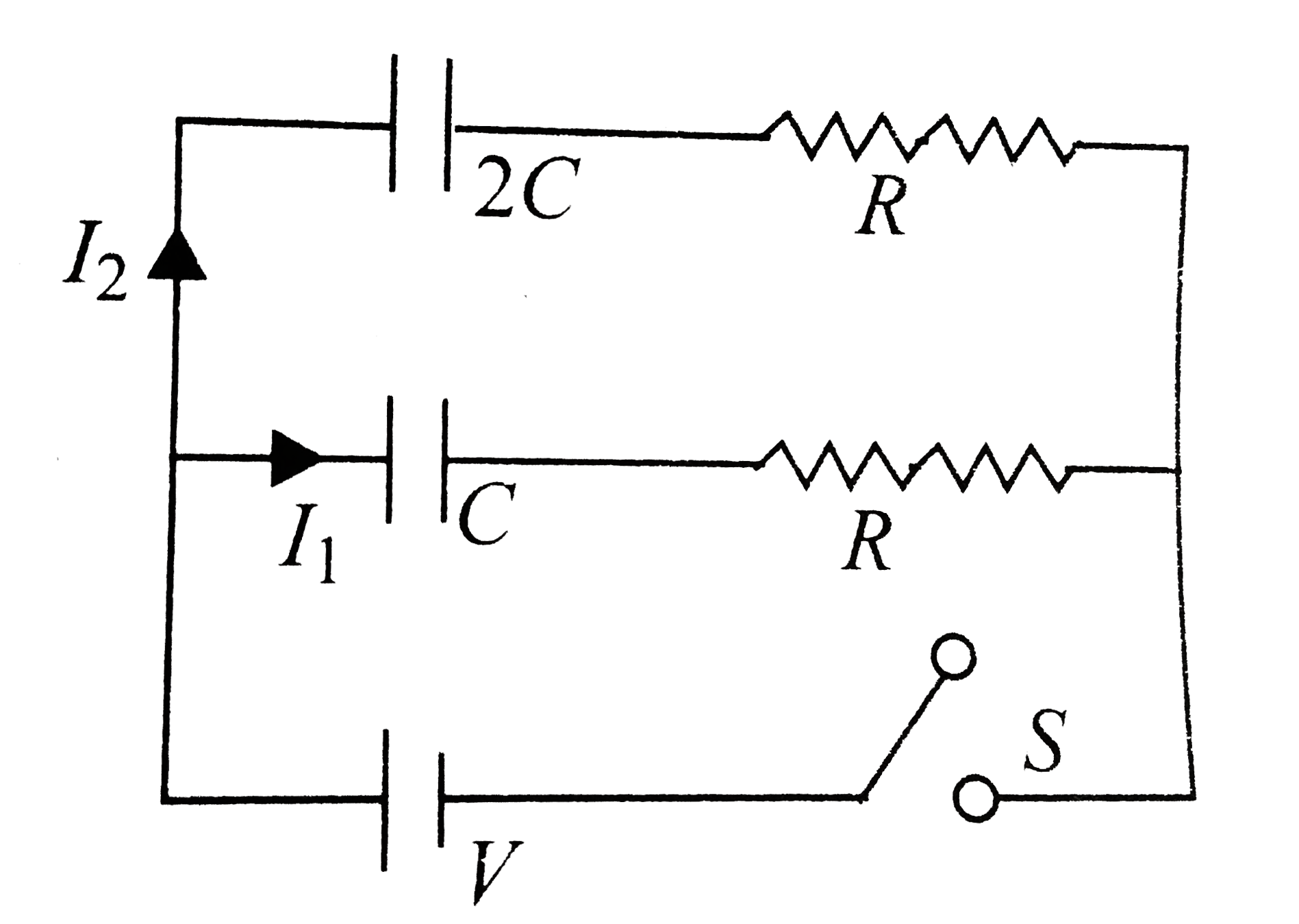 In the circuit shwon in fig. switch S is closed at time t = 0. Let I1 and I2 be the currents at any finite time t, then the ratio I1// I2