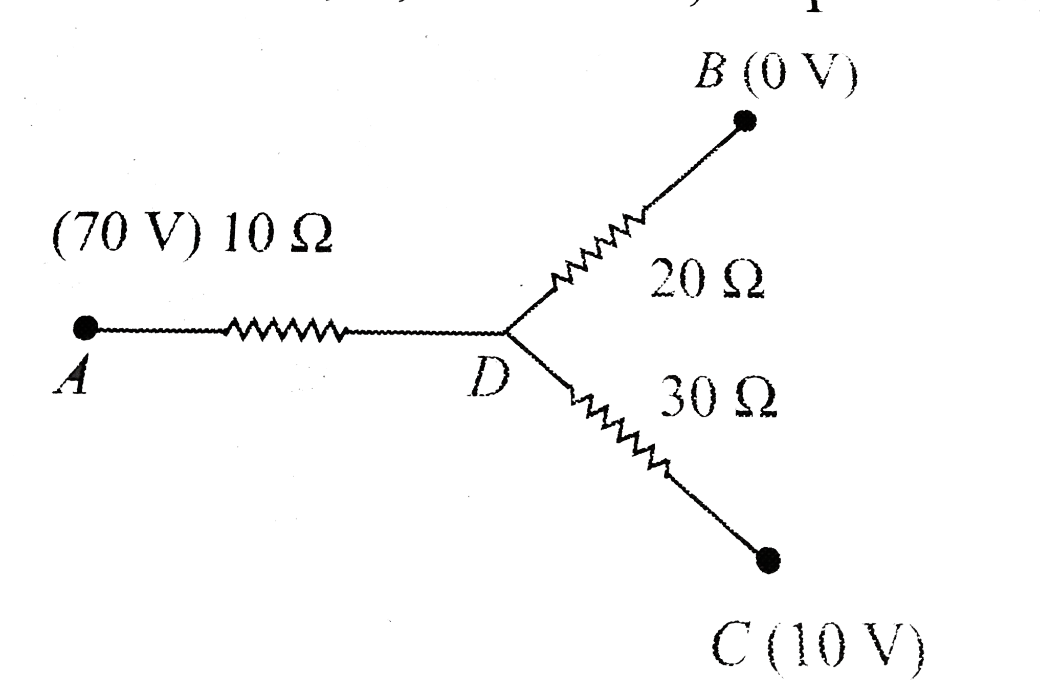 In the network shown in fig. , points A, B, and C are at potentials of 70 V, 0, and 10V, respectively.