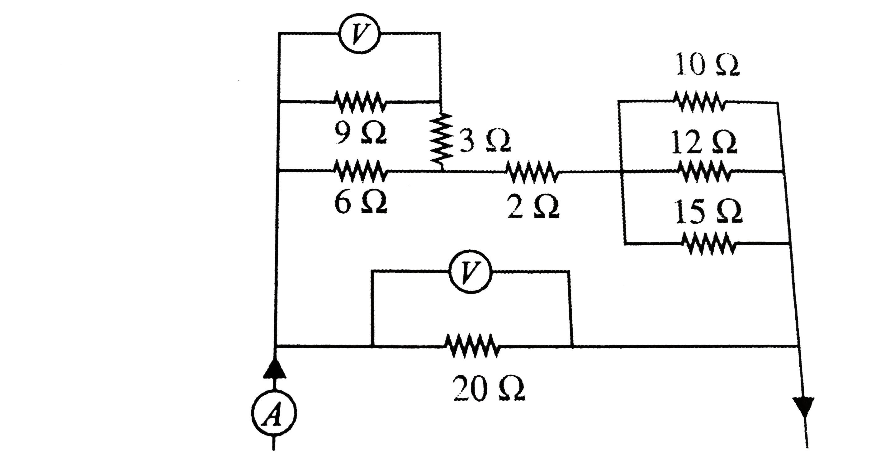 Shown two ideal voltmeters and an ammeter, which are connected across the various circuit elements. If the voltmeter connected across 9Omega resistance reads 4.5 V, then answer the following problems.     The reading of the ammeter is