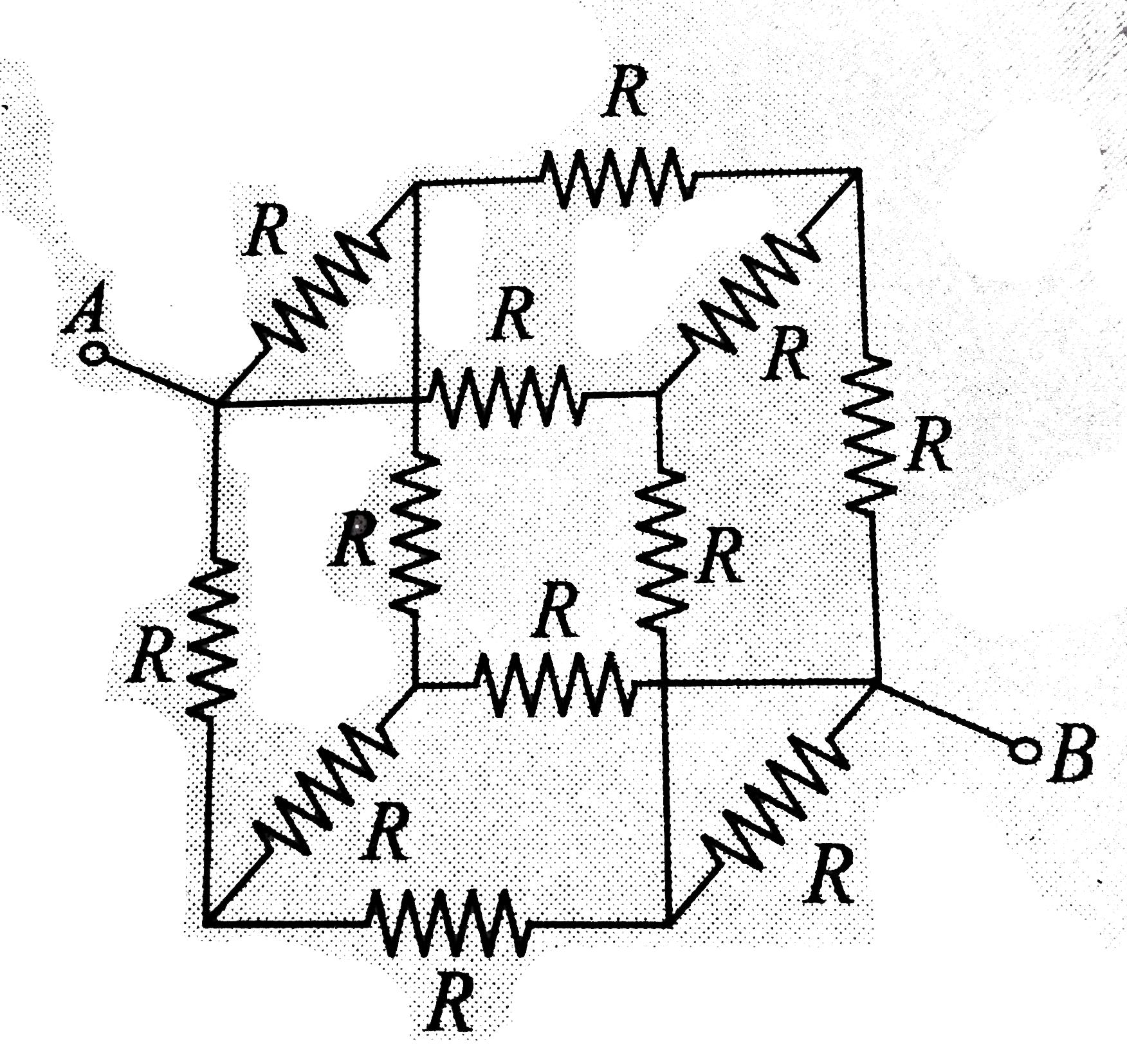 Twelve identical resistances arranged on all edges of a cube. The resistors are all the same. Then find the equivalent resistance between the edges A and B as shown in figure.