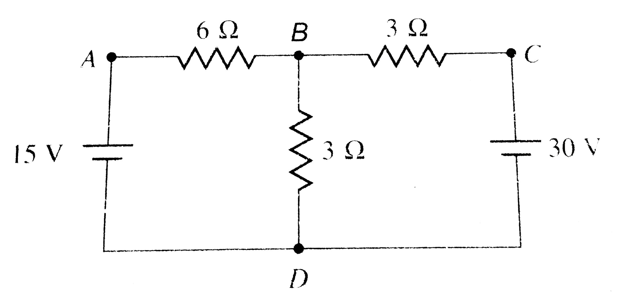 In the circuit shown, find the current through the branch BD.