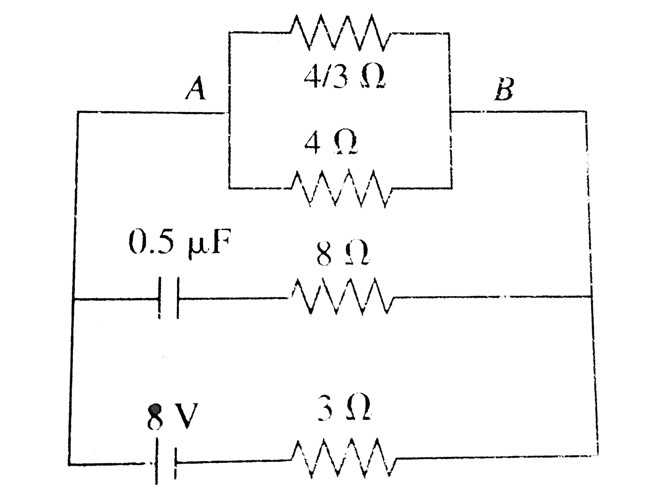 Consider the circuit shown in fig 5.168. Find out the steady - state current in the 4Omega resistor. Assume the internal resistance of 8 V battery to be negligible.