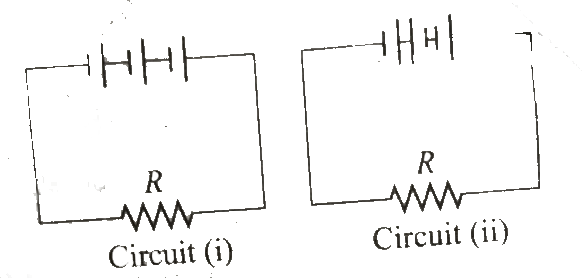 Three identical cells , each having an emf 1.5 V and a constant internal resistance 2.0 omega, are connected in series with a 4.0 omega resistor R, first as in circuit (i) , and second as in circuit (ii) . Then   ( power in R in circuit (i))/( Power in R in circuit (ii)) =