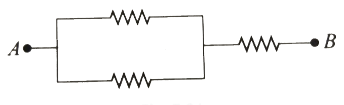 Three 10 Omega , 2 W resistors are connected as in Fig. 7.34. The maximum possible voltage between points A and B without exceeding the power dissipation limits of any of the resistors is