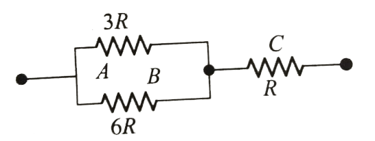 Figure 7.37 shows a network  of three resistances. When some potential difference is applied across the network , thermal powers dissipated by A, B and C are in the ratio