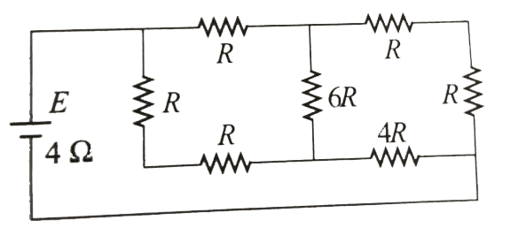A battery of internal resistance 4 Omega is connected to he network of resistances as shown in Fig. 7.40. In order that the maximum power can be delivered to the network , the value of R in  Omega should be