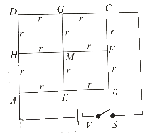 In Fig. 7.48, each of the segments ( e.g., AE , GM, etc.) has resistance r. A battery of emf V is connected between A and C. Internal resistance of the battery is negligible.      What is the equivalent resistance of the system about A and C?