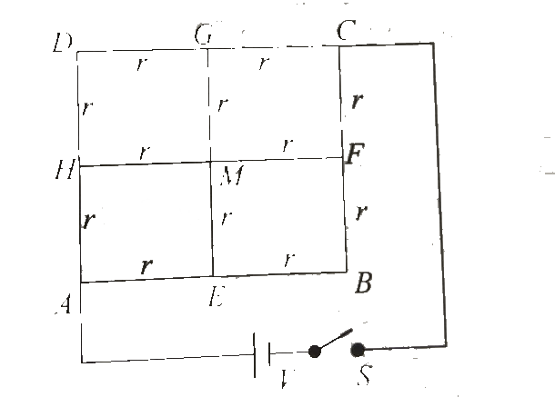 In Fig. 7.48, each of the segments ( e.g., AE , GM, etc.) has resistance r. A battery of emf V is connected between A and C. Internal resistance of the battery is negligible.      Find the ratio of the power developed in segment AE to that in segment HM.