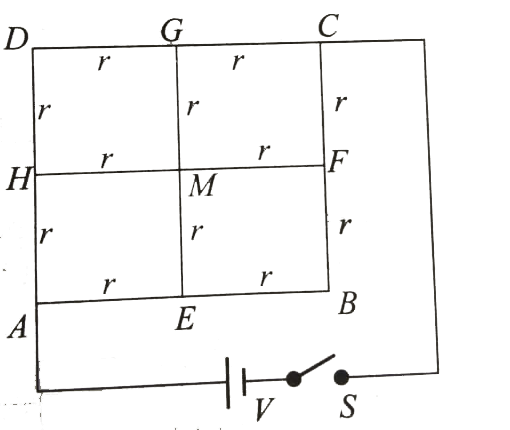 In Fig. 7.48, each of the segments ( e.g., AE , GM, etc.) has resistance r. A battery of emf V is connected between A and C. Internal resistance of the battery is negligible.      If a potentiometer circuit having gradient k is connected across the points H and C, the balancing length shown by the potentiometer is