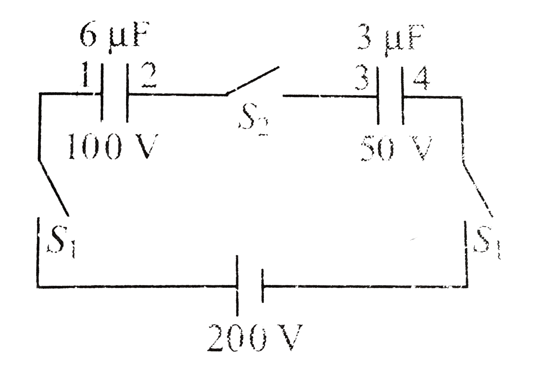 Two capacitor of capacity 6 muF and 3muF are charged to 100 V and 50 V separately and connected as shown in figure. Now all the three switches S1,S2, and S3 are closed.      Charges on 6muF And 3muF capacitors in steady state will be