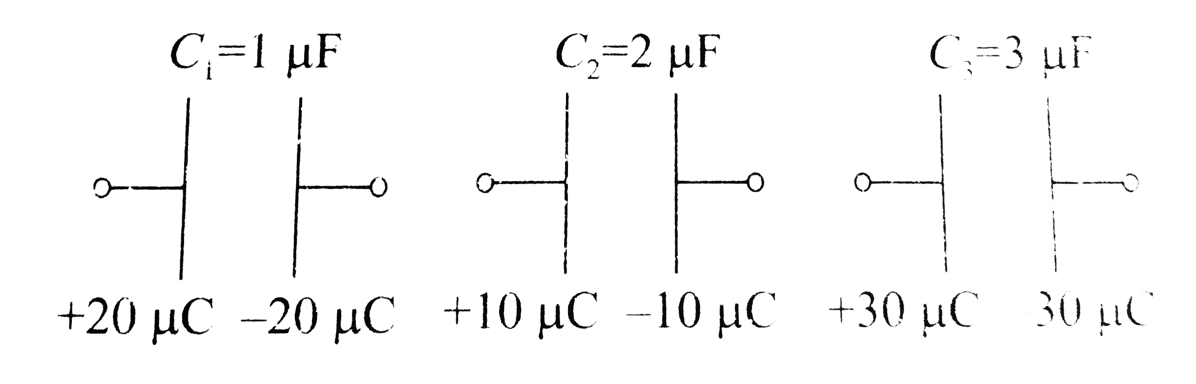 Three capacitors C1,C2,andC3 of capacitance 1muF, 2muF, and 3muF, respectively, are charged separately as shown in the figure. Now these charged capacitors are connected to a battery of epsilon = 20 V and an uncharged capacitor of C = 2muF as shown in figure.   ,    The charge on  capacitor marked C is