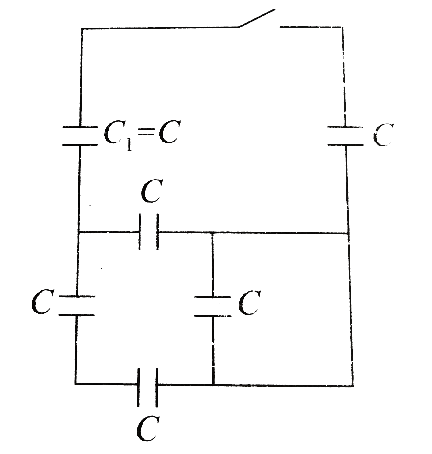 In the circuit shown, all capacitors are identical. Initially, the switch is open and the capacitor marked C1 is the only one charged to a value Q0. After the switch is closed and the equilibrium is reestablished, the charge on the capacitor marked C1 is Q. Find the ratio initial change to final charge in capacitor C1.