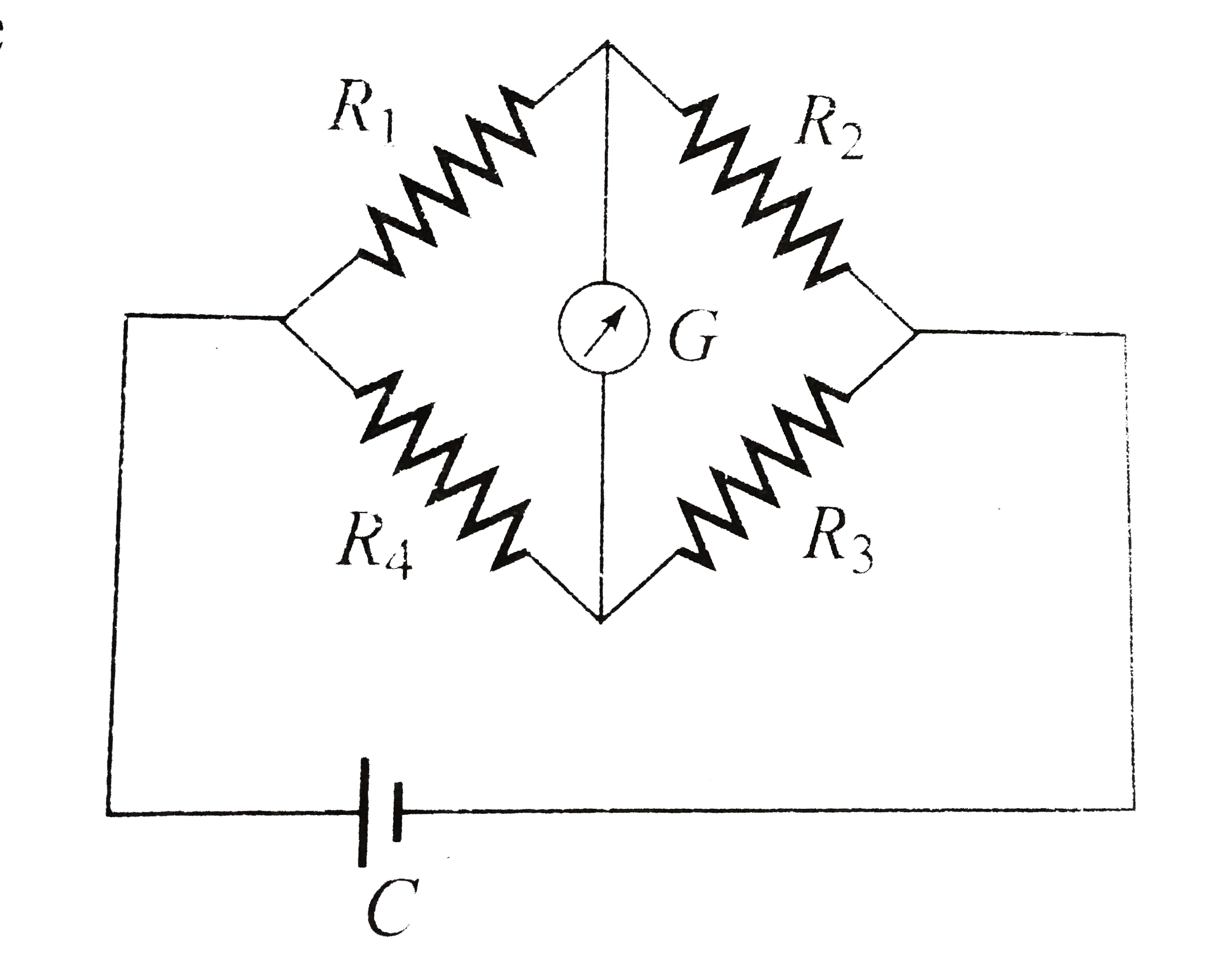 The Wheatstone's bridge shown in the Fig. A2.5 is balanced. If the positions of the cell C and the galvanometer F are now interchanged, G will show zero deflection