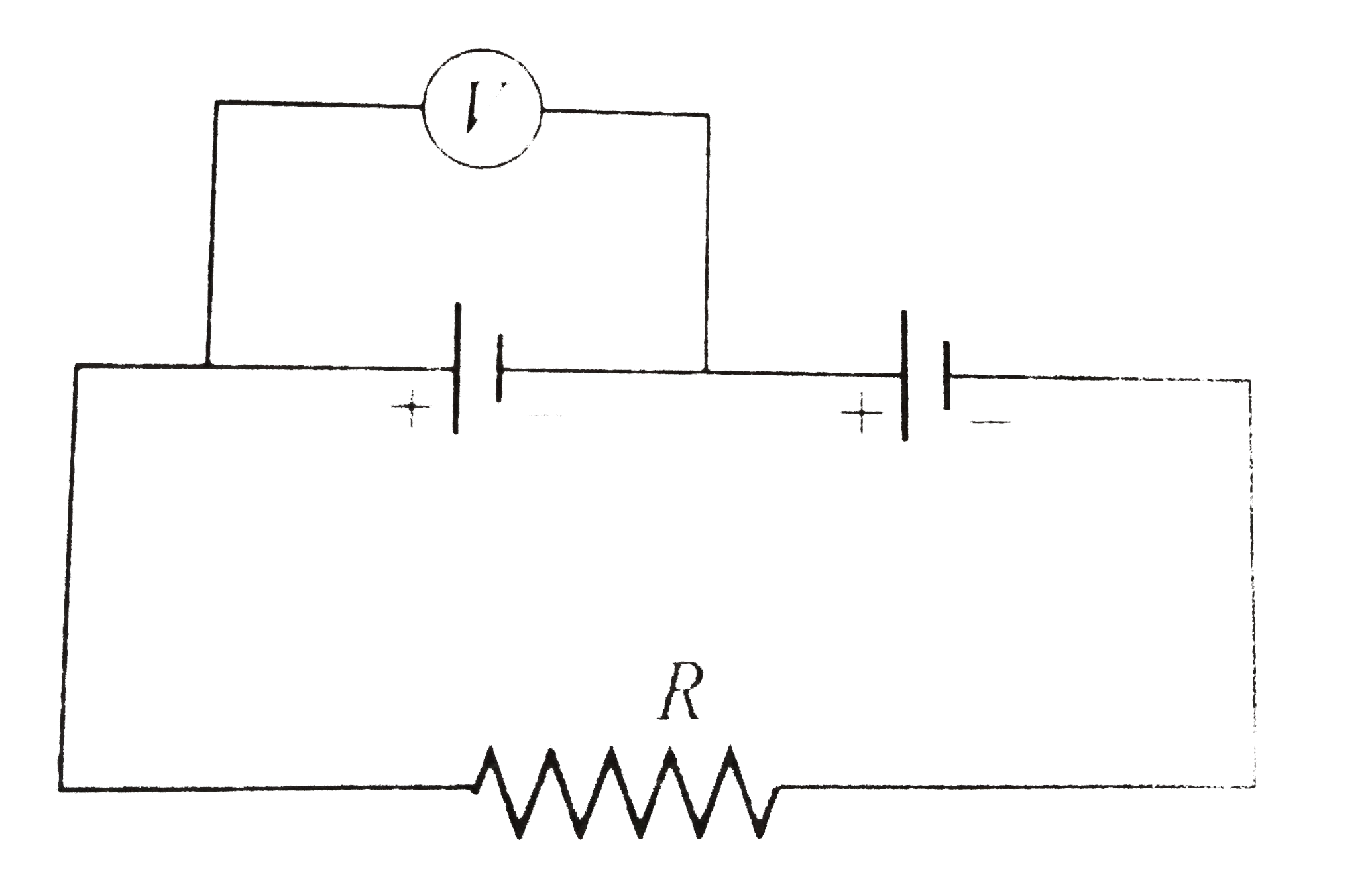 In Fig. two cells have equal emf E but internal resistances  are r1 and r2. If the reading of the voltmeter is zero, then relation between R, r1 and r2 is
