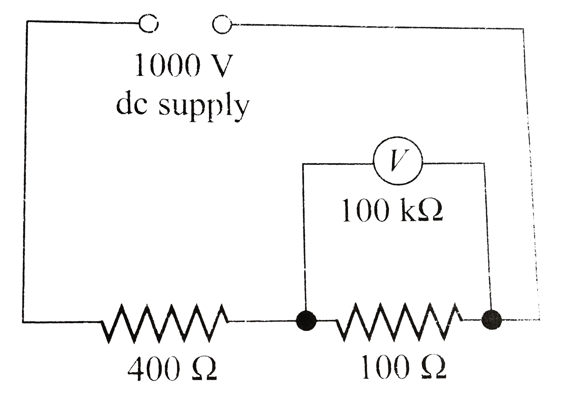 A constant voltage dc source is connected, as shown in Fig. A2.7, across two resistors of resistances 400 kOmega and 100 k Omega. What is the reading of the voltmeter, also of resistance 100 kOmega, when connected across the second resistor as shown?
